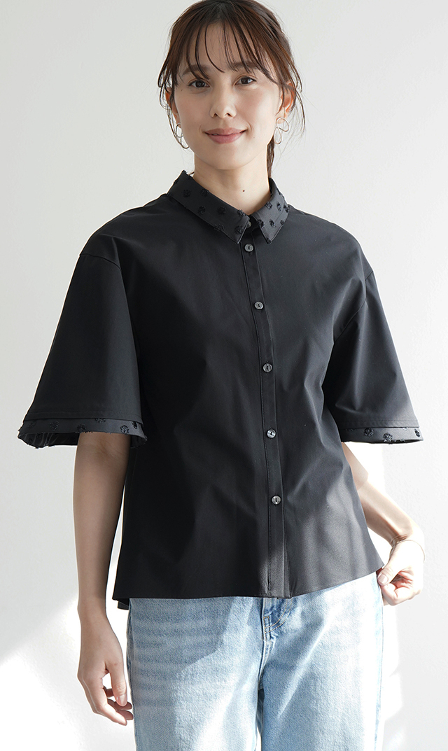 撥水素材５分袖襟付きブラウス黒