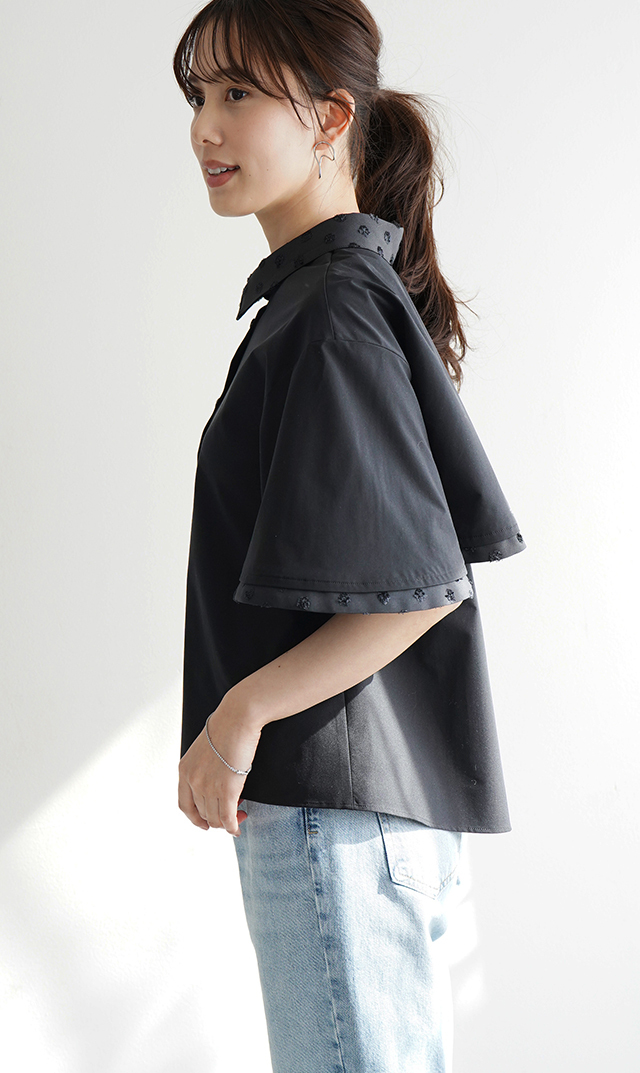 撥水素材５分袖襟付きブラウス黒