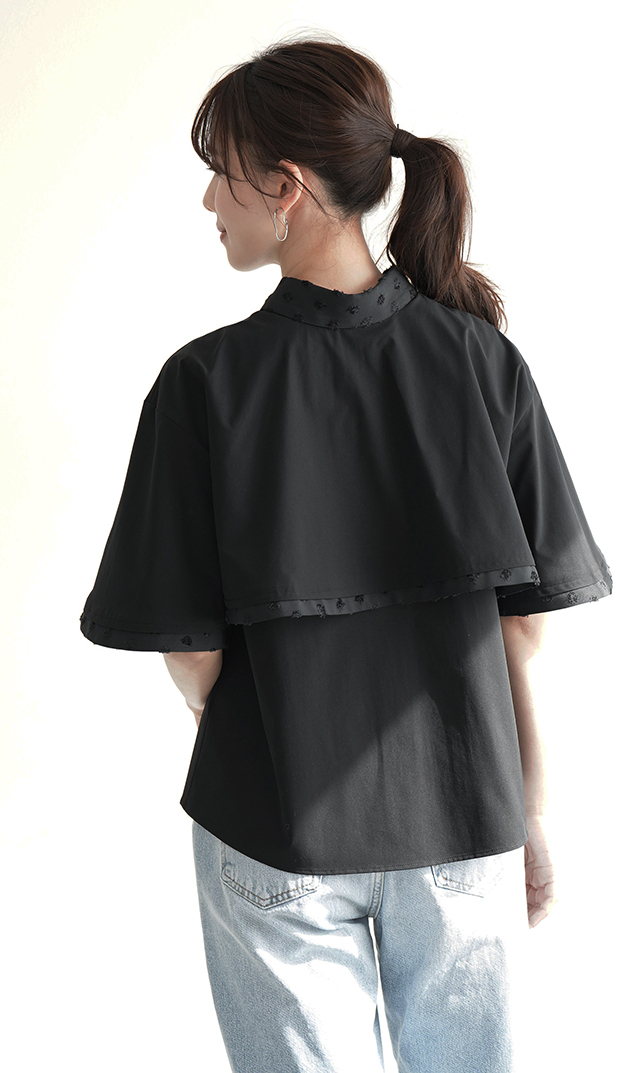 撥水素材５分袖襟付きブラウス黒