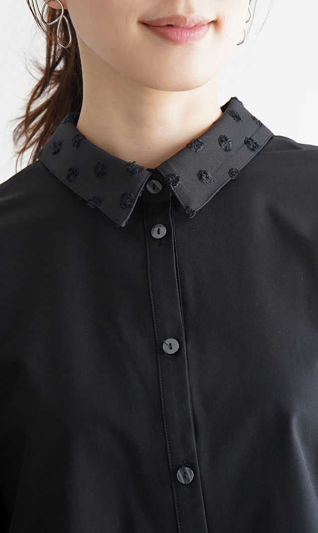 撥水素材５分袖襟付きブラウス黒