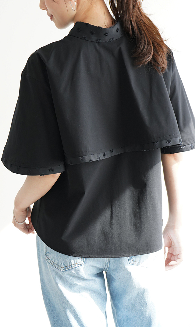 撥水素材５分袖襟付きブラウス黒