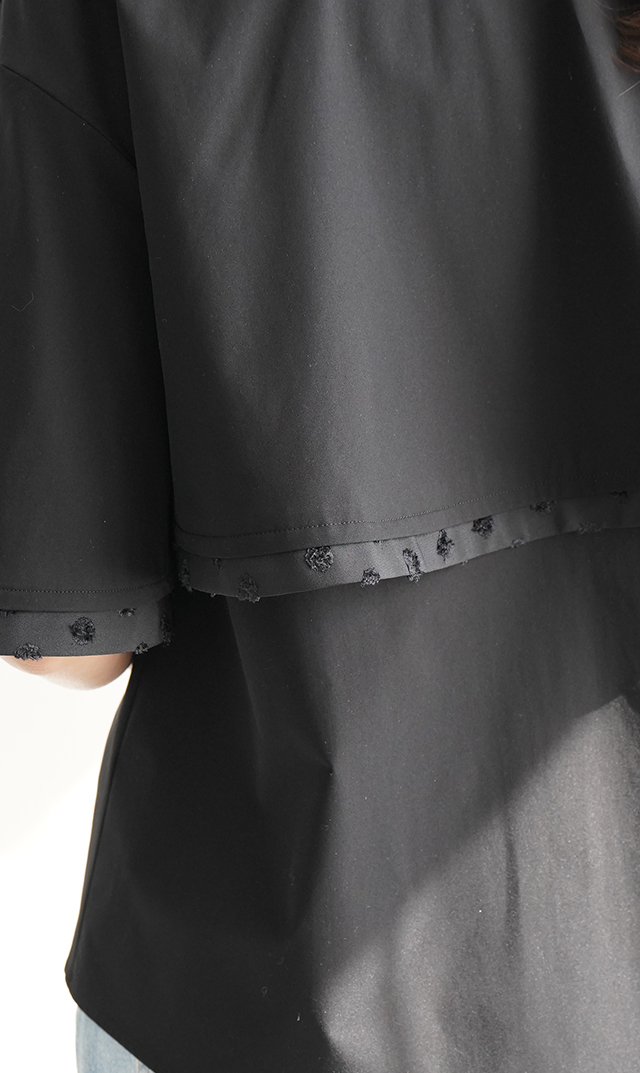 撥水素材５分袖襟付きブラウス黒