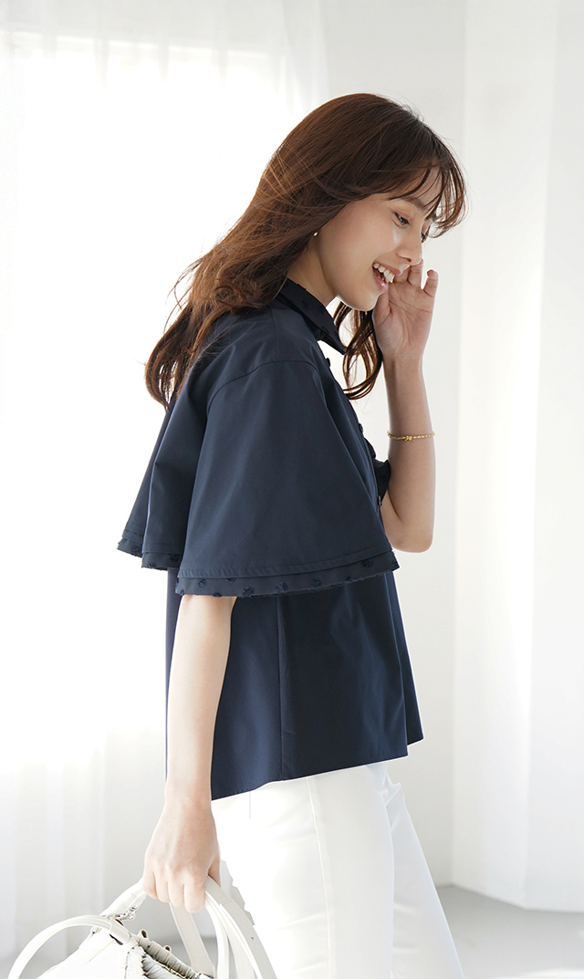 撥水素材５分袖襟付きブラウス紺