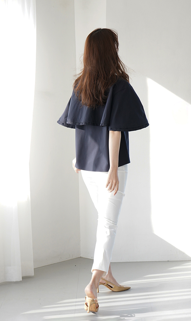 撥水素材５分袖襟付きブラウス紺