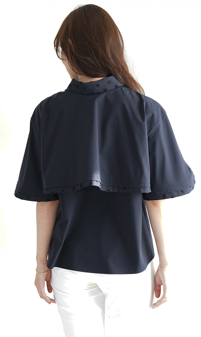撥水素材５分袖襟付きブラウス紺
