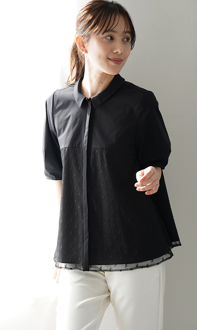 襟付きタックデザイン５分袖ブラウス黒