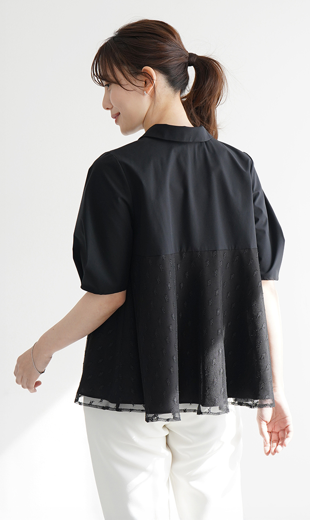 襟付きタックデザイン５分袖ブラウス黒