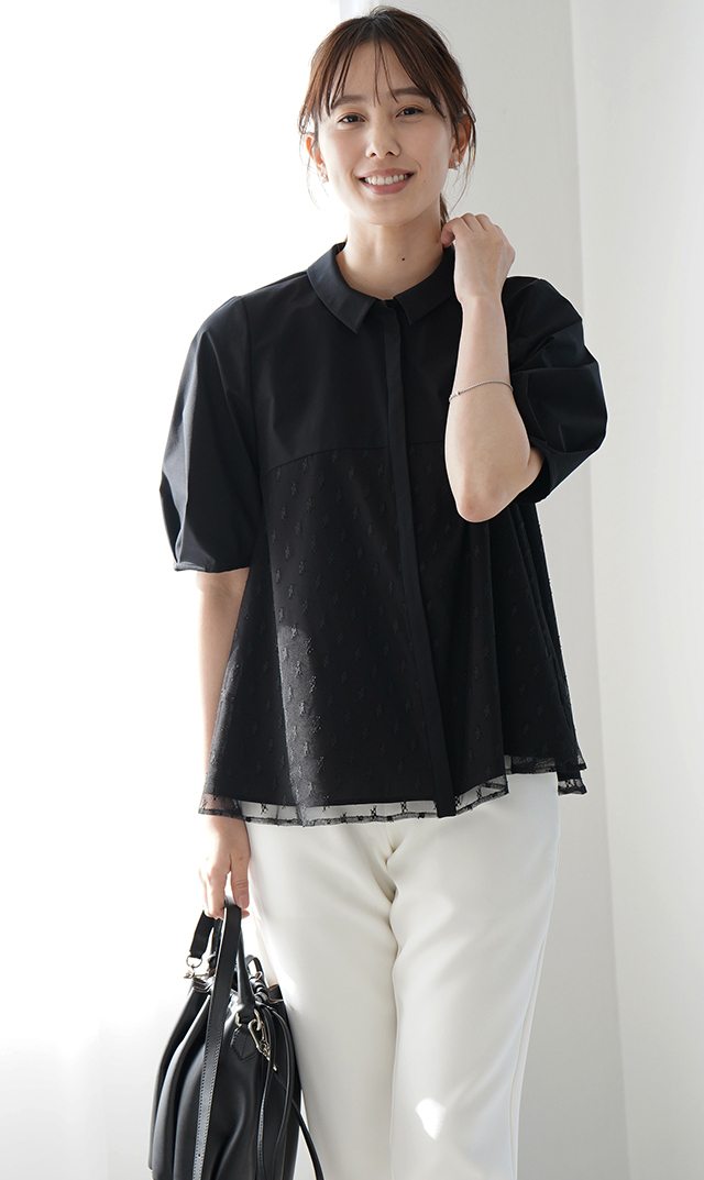 襟付きタックデザイン５分袖ブラウス黒