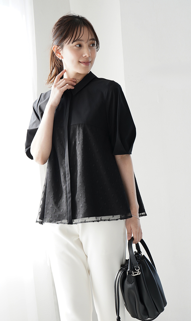 襟付きタックデザイン５分袖ブラウス黒