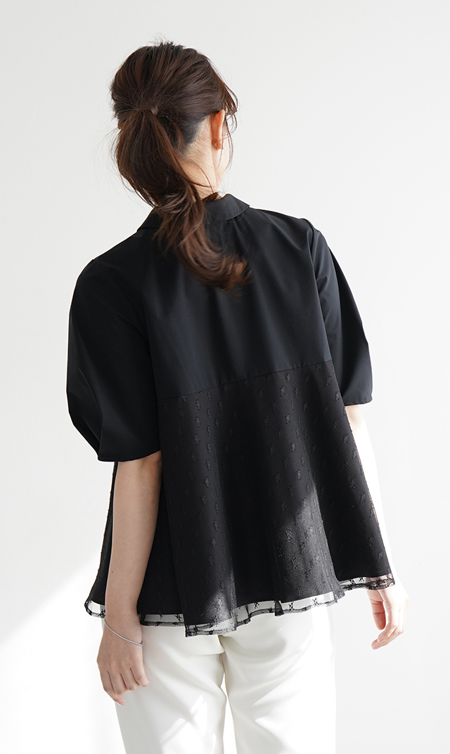 襟付きタックデザイン５分袖ブラウス黒