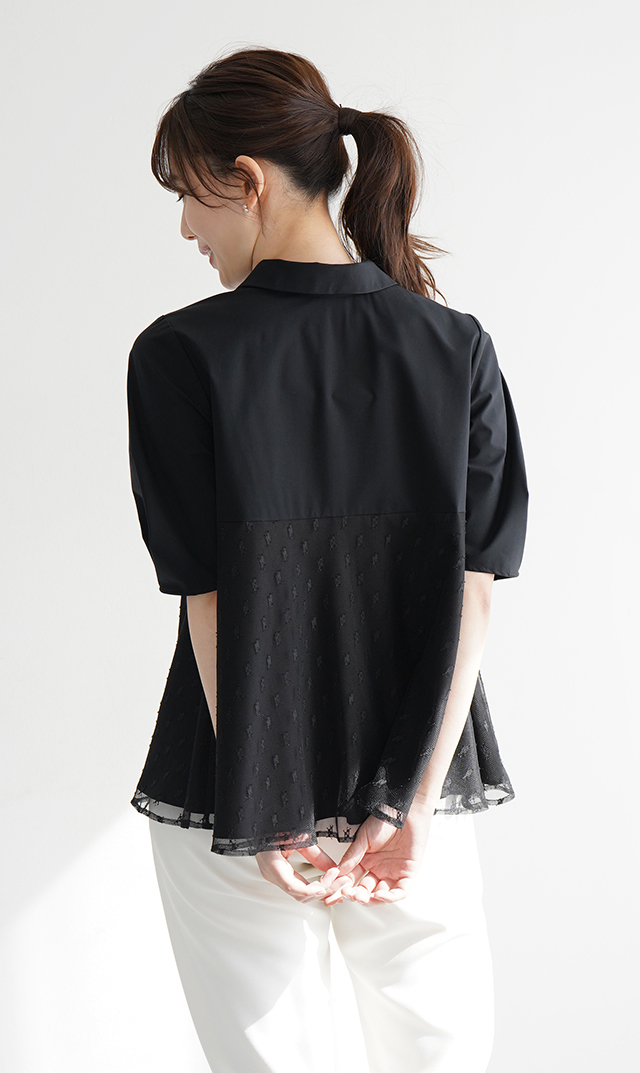 襟付きタックデザイン５分袖ブラウス黒
