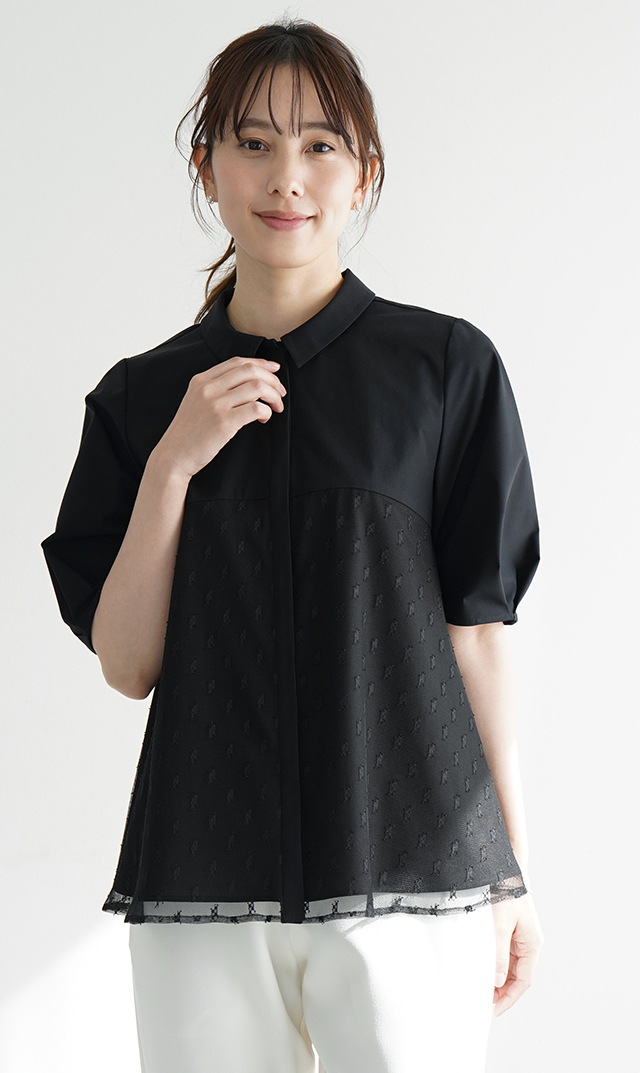 襟付きタックデザイン５分袖ブラウス黒