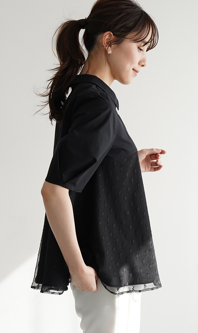 襟付きタックデザイン５分袖ブラウス黒