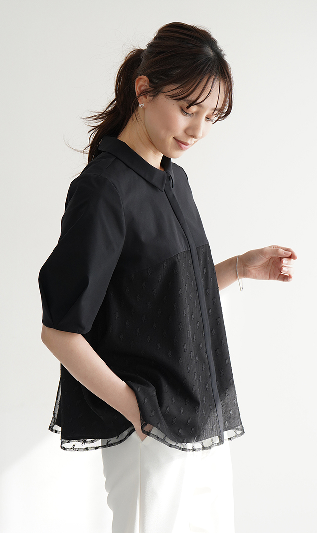 襟付きタックデザイン５分袖ブラウス黒