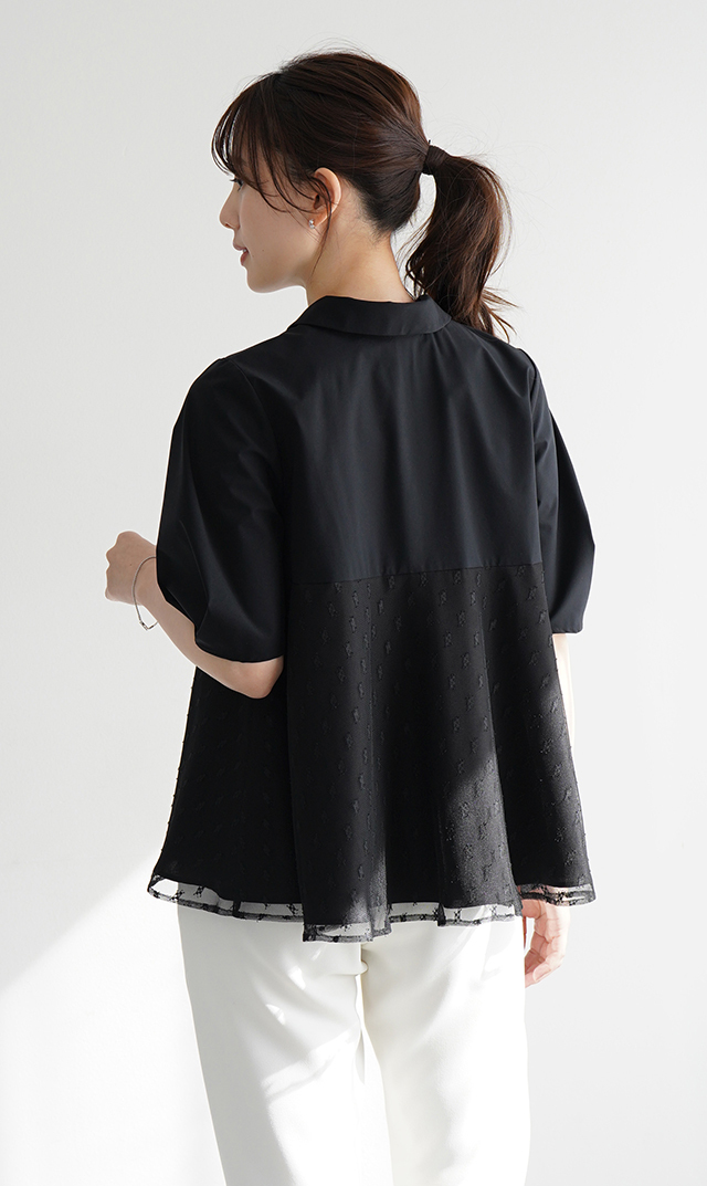 襟付きタックデザイン５分袖ブラウス黒