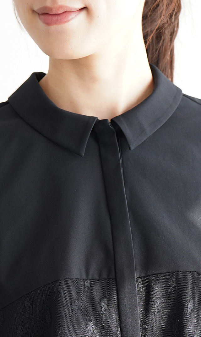 襟付きタックデザイン５分袖ブラウス黒