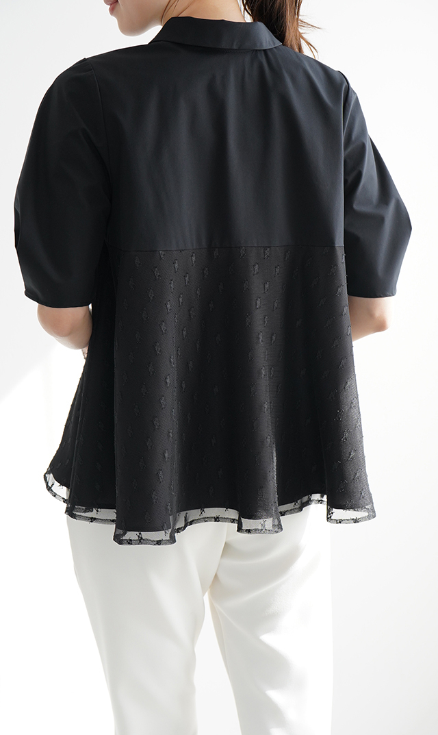 襟付きタックデザイン５分袖ブラウス黒