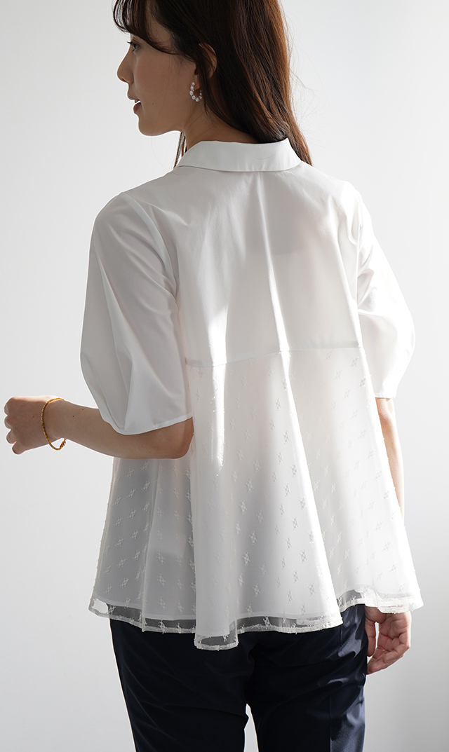 襟付きタックデザイン５分袖ブラウス白