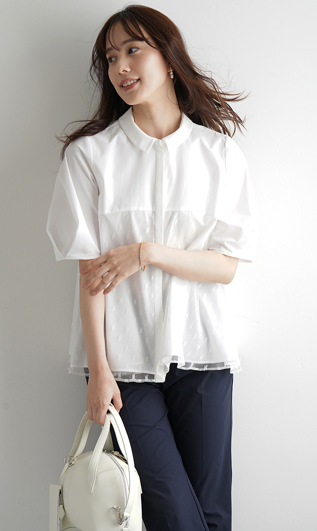 襟付きタックデザイン５分袖ブラウス白