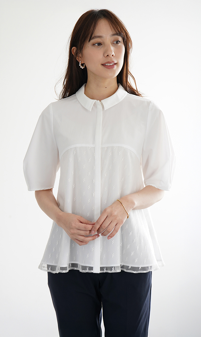 襟付きタックデザイン５分袖ブラウス白