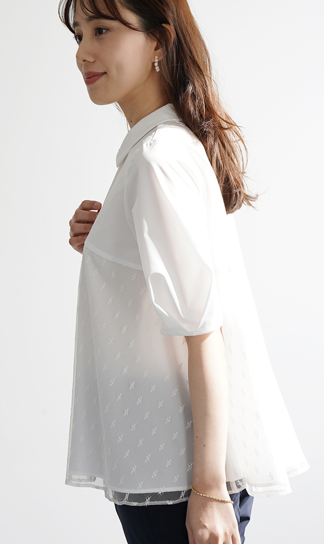 襟付きタックデザイン５分袖ブラウス白