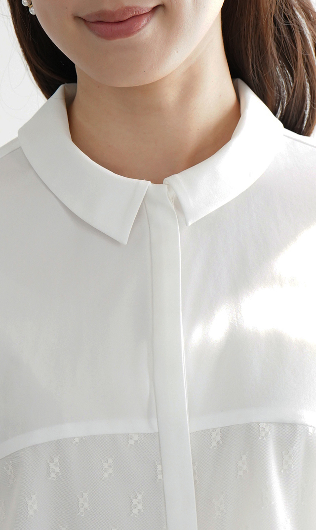 襟付きタックデザイン５分袖ブラウス白