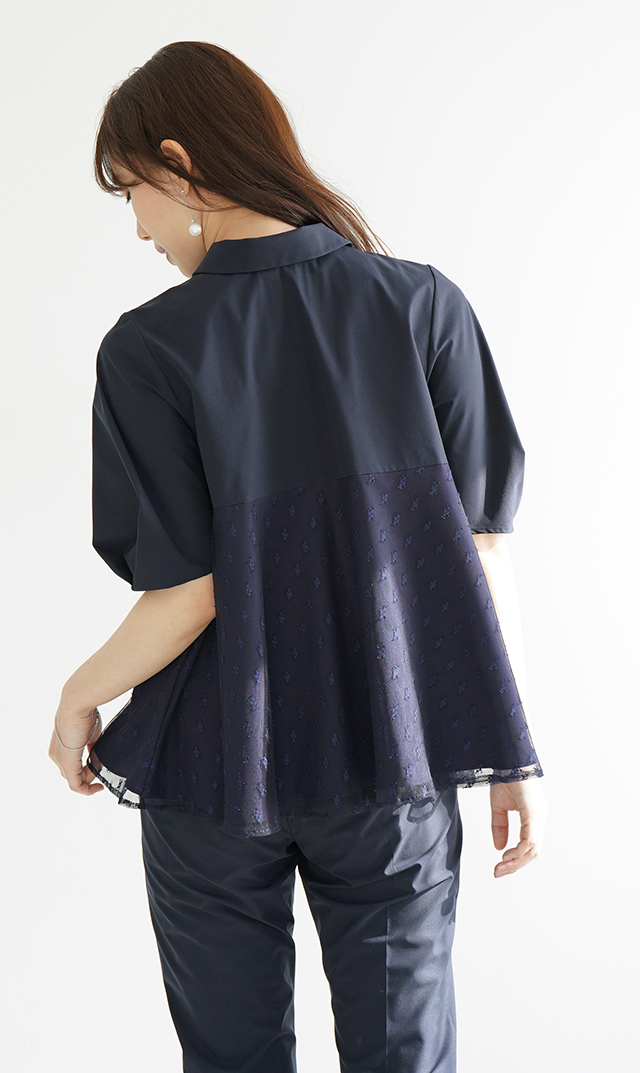 襟付きタックデザイン５分袖ブラウス紺