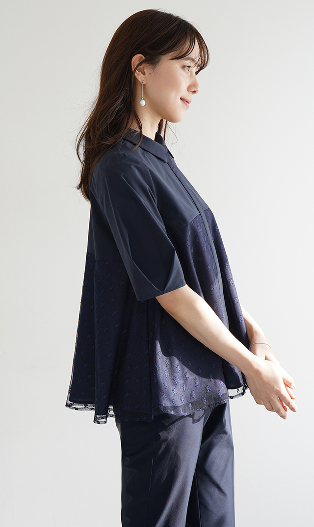 襟付きタックデザイン５分袖ブラウス紺