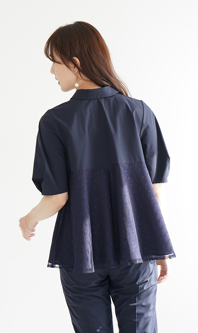 襟付きタックデザイン５分袖ブラウス紺