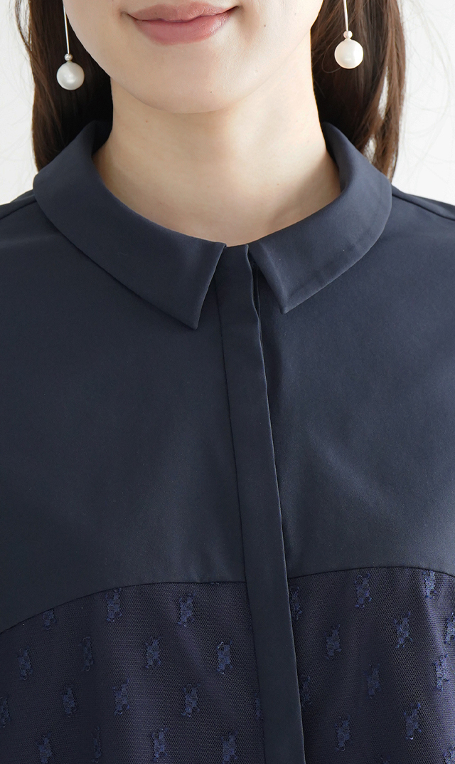 襟付きタックデザイン５分袖ブラウス紺