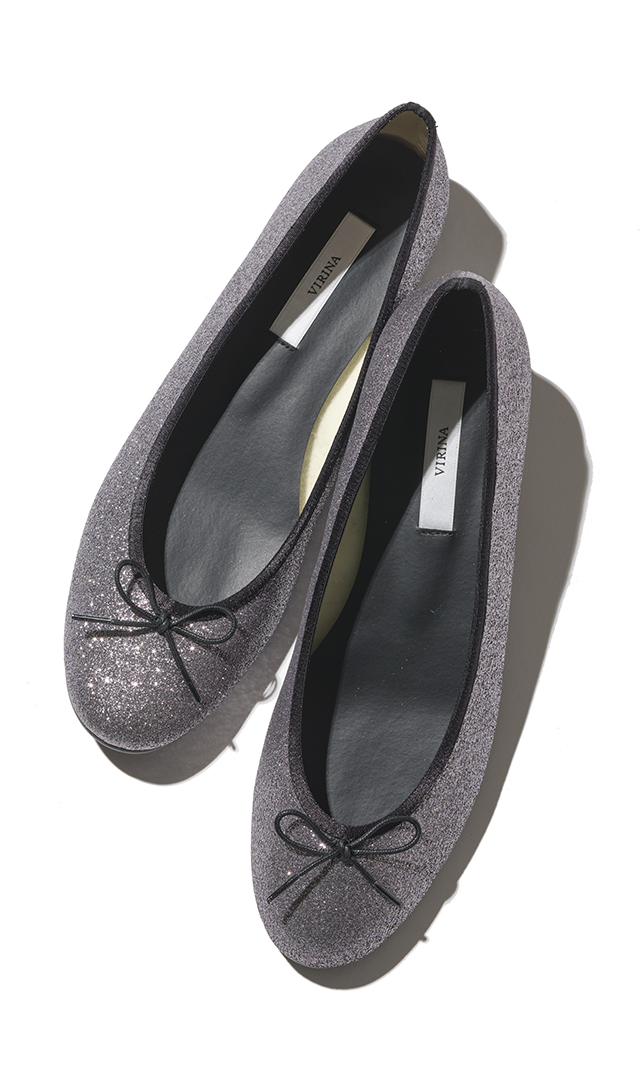 【ヴィリーナ】晴雨兼用ラウンドバレエシューズ（グリッターグレー×ブラック）
