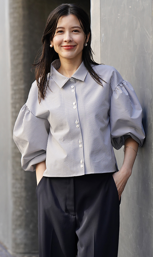 襟付きボリュームロングスリーブシャツブルーストライプ