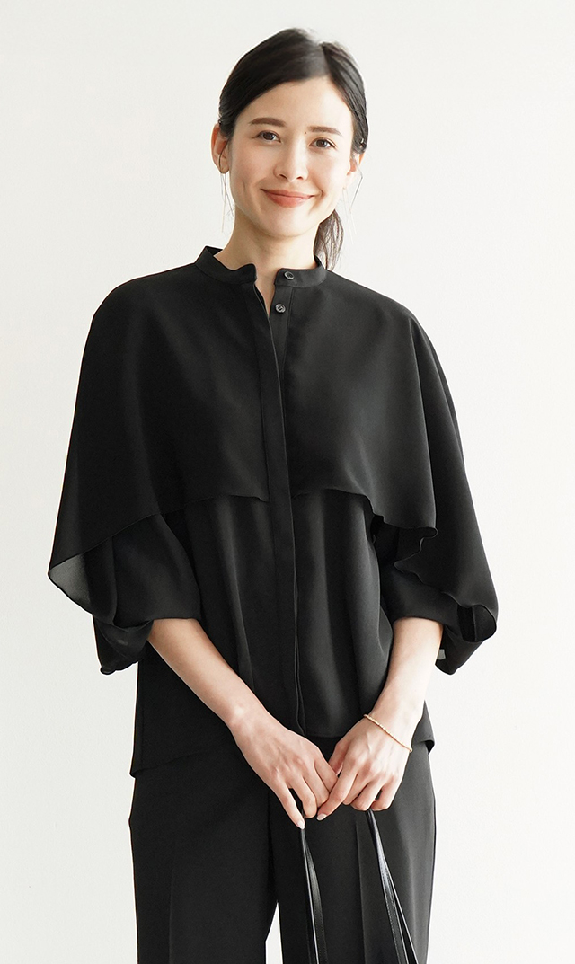 シアー素材レイヤードヴェールブラウス黒紺
