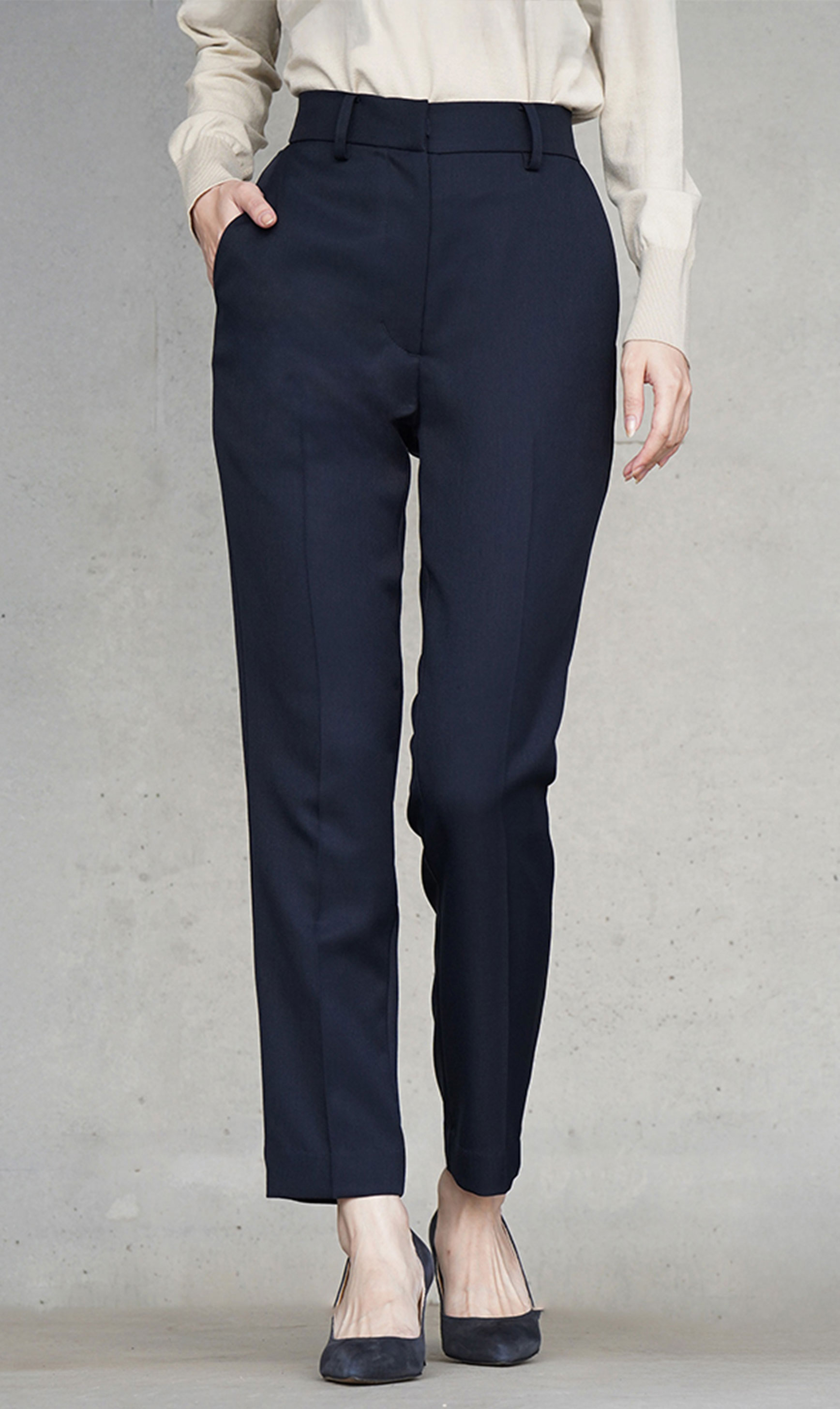 細身シルエットセンタープレス美脚パンツ紺