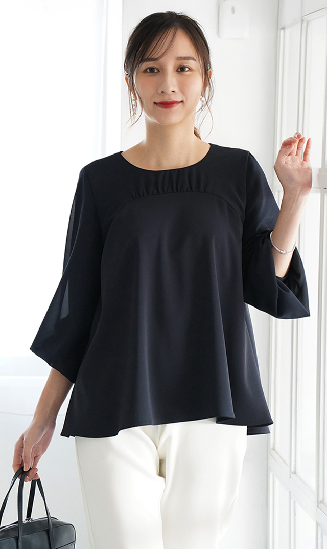 多機能素材シアー×ツイルビスチェブラウス紺