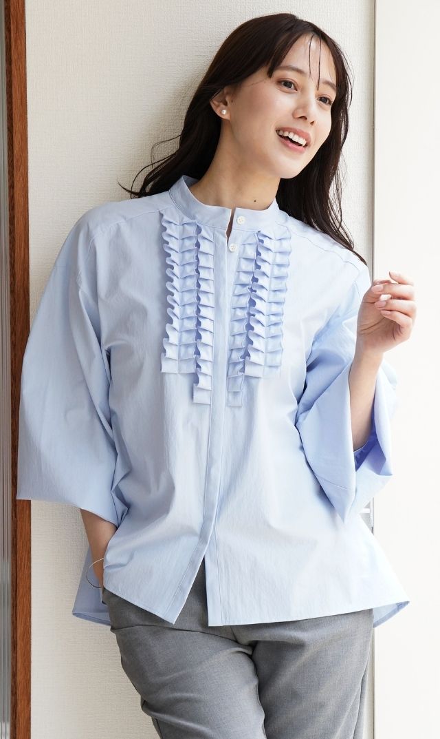 UVカット吸水速乾シャインタックリボンブラウス水色