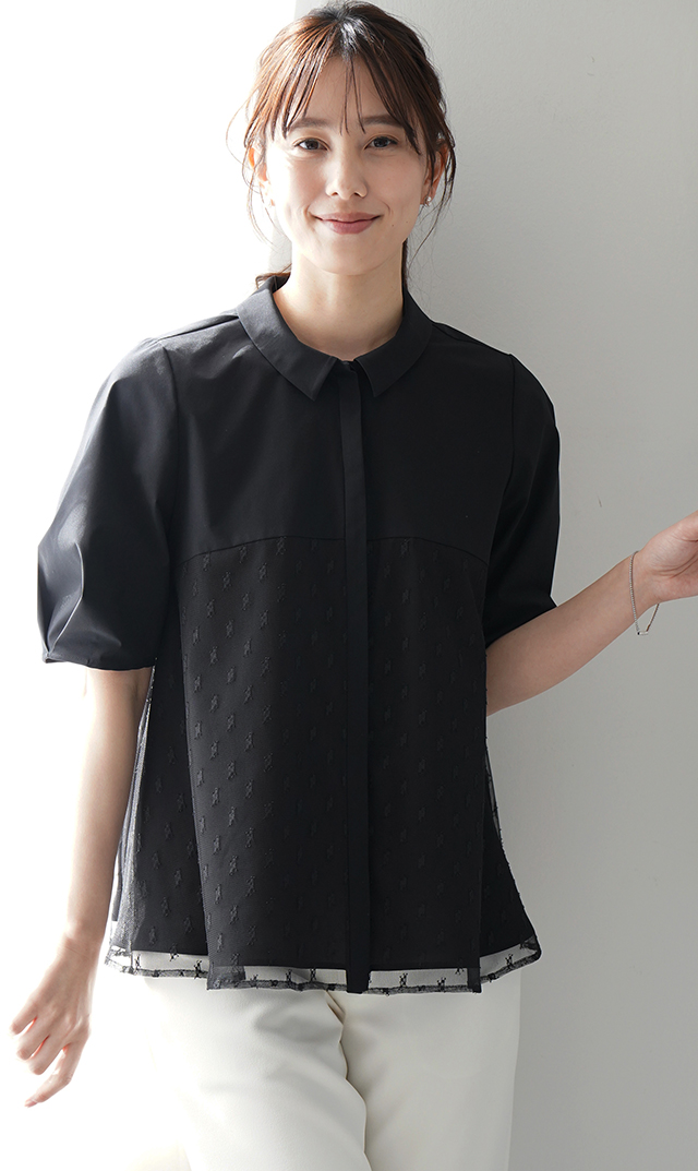 襟付きタックデザイン５分袖ブラウス黒