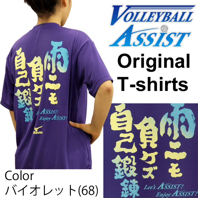 【1枚までメール便OK】VBA限定！オリジナルメッセージTシャツ 2015新作 ミズノ(mizuno)「雨ニモ負ケズ自己鍛錬！」バレーボール練習着 文字入りTシャツ 文字Tシャツ オリジナルTシャツ ASM1501-68(バイオレット) 男女兼用サイズ ユニセックス