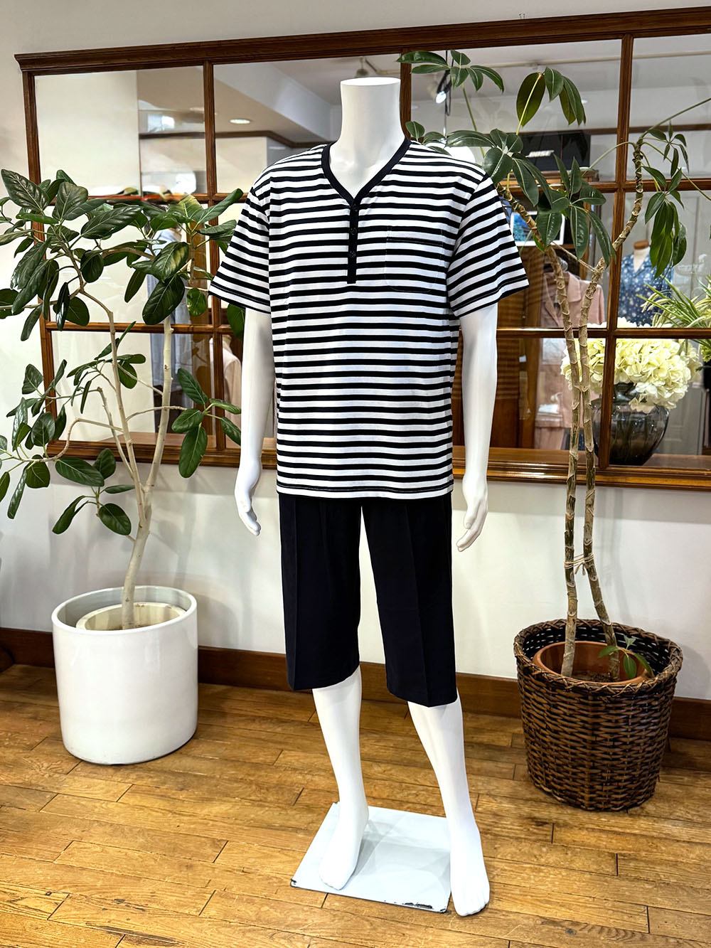 【Mens】天竺細ボーダー×天竺無地（半袖、七分パンツ）