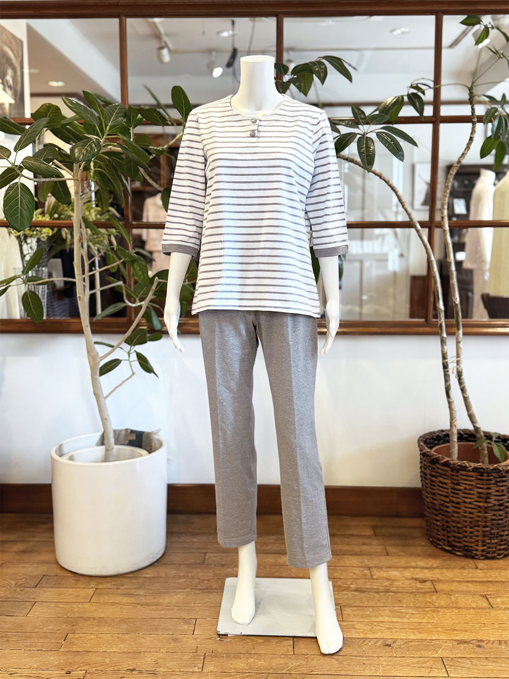 【Ladies】天竺 中ボーダー×無地（七分袖）