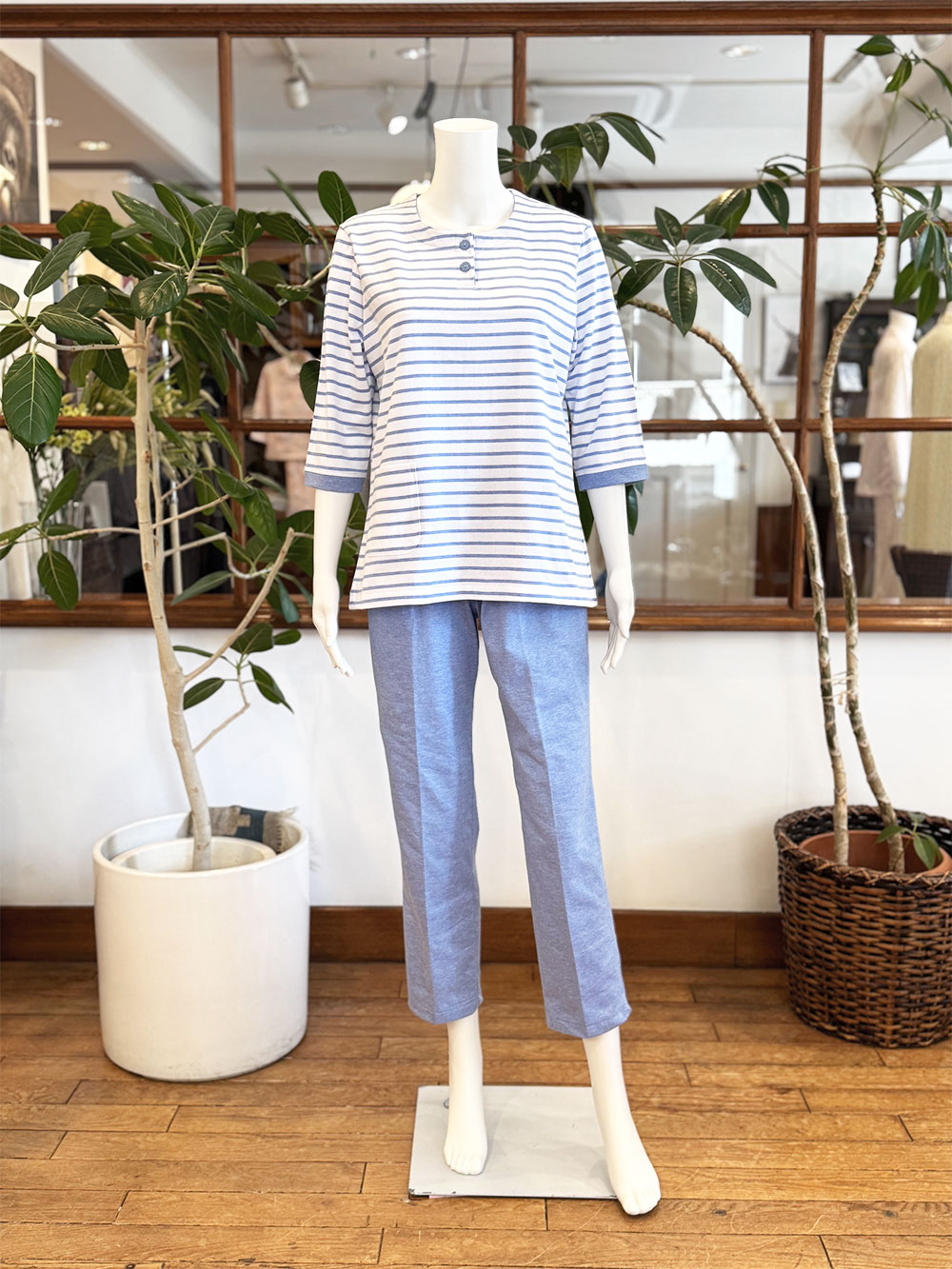 【Ladies】天竺 中ボーダー×無地（七分袖）