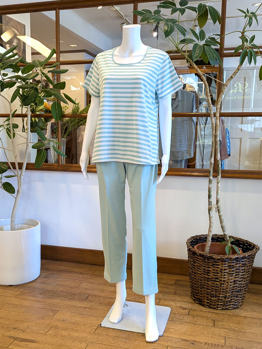 【Ladies】天竺ボーダー×無地（五分袖）