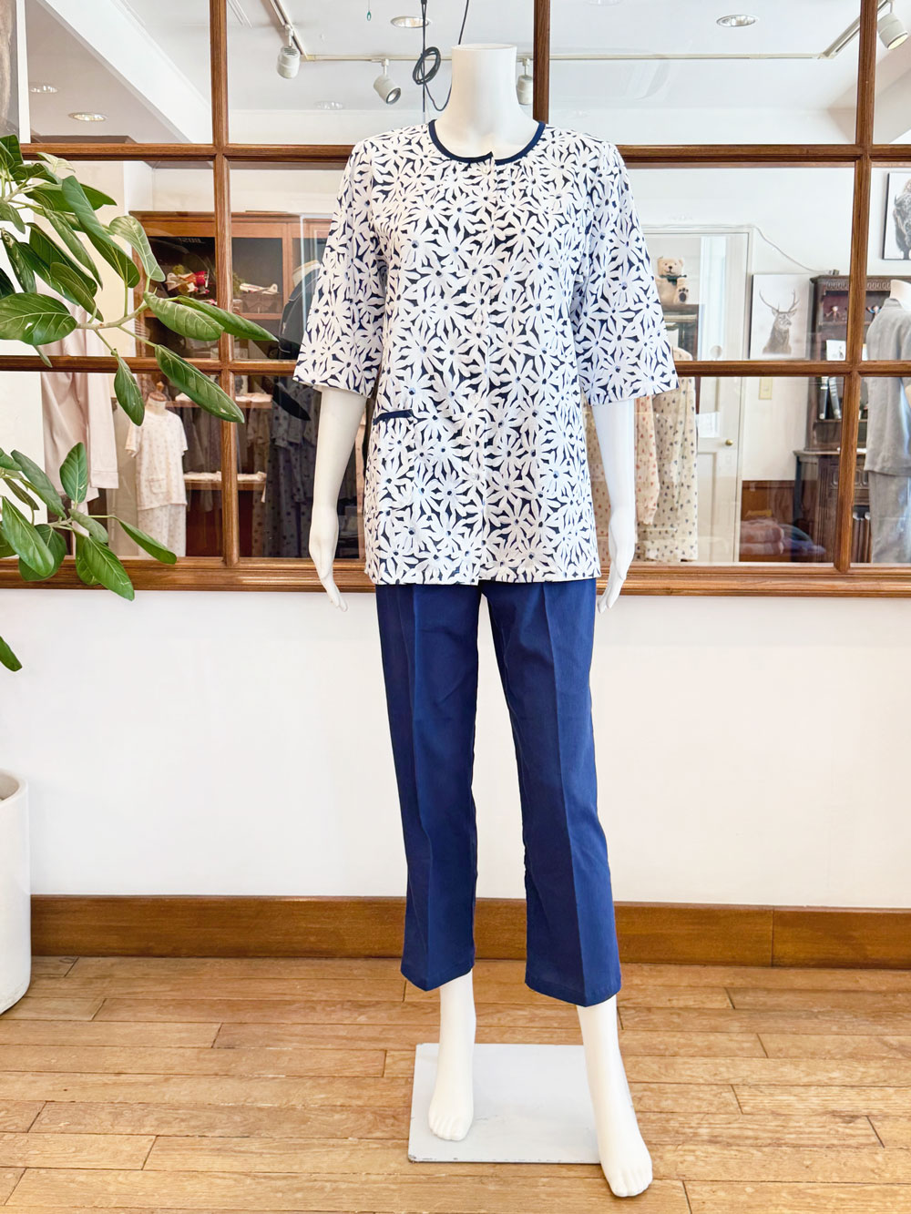 【Ladies】＜高島ちぢみ＞楊柳マーガレット柄×無地(七分袖）