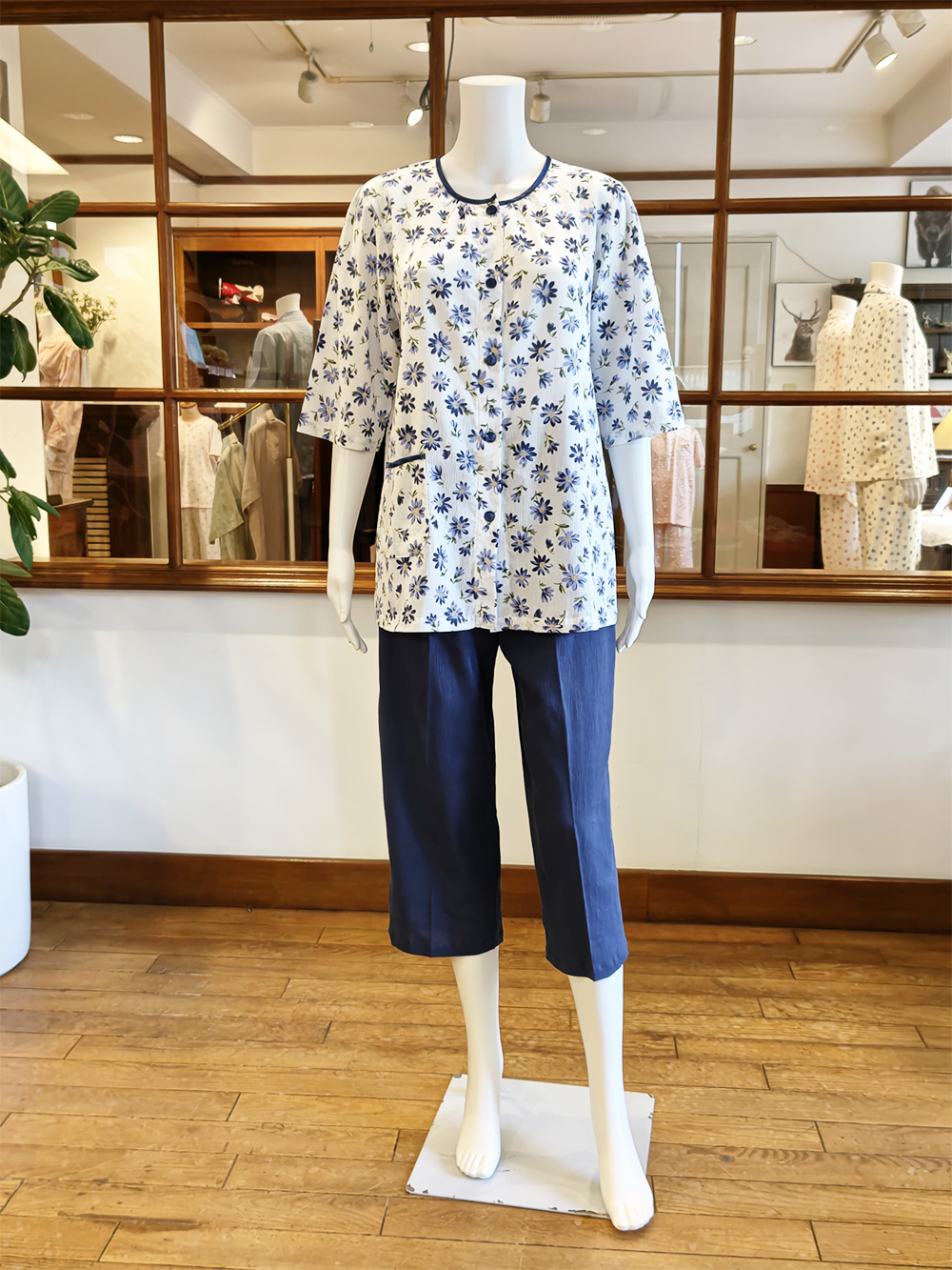 【Ladies】＜高島ちぢみ＞強撚楊柳マーガレット柄(七分袖）