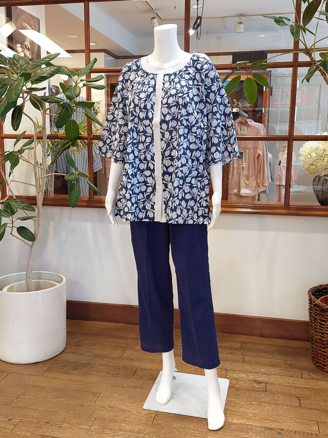 【Ladies】＜高島ちぢみ＞楊柳花柄×無地（七分袖）（Lのみ）