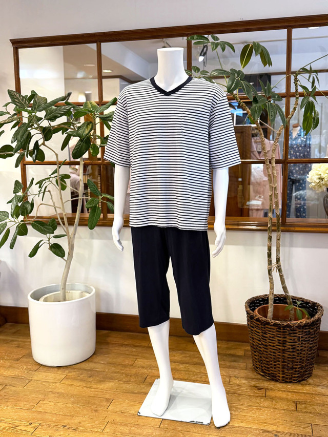 【Mens】プレーティング天竺中ボーダー×無地（五分袖、七分パンツ）