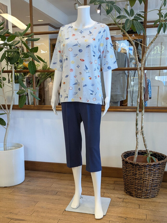 【Ladies】SZ天竺パラソル柄×SZ天竺無地（五分袖、七分パンツ）