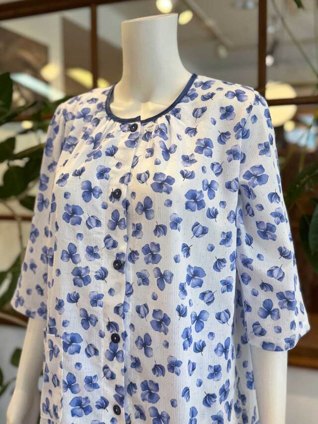 【Ladies】波シボ楊柳あじさい柄(七分袖)(S,LLあります)