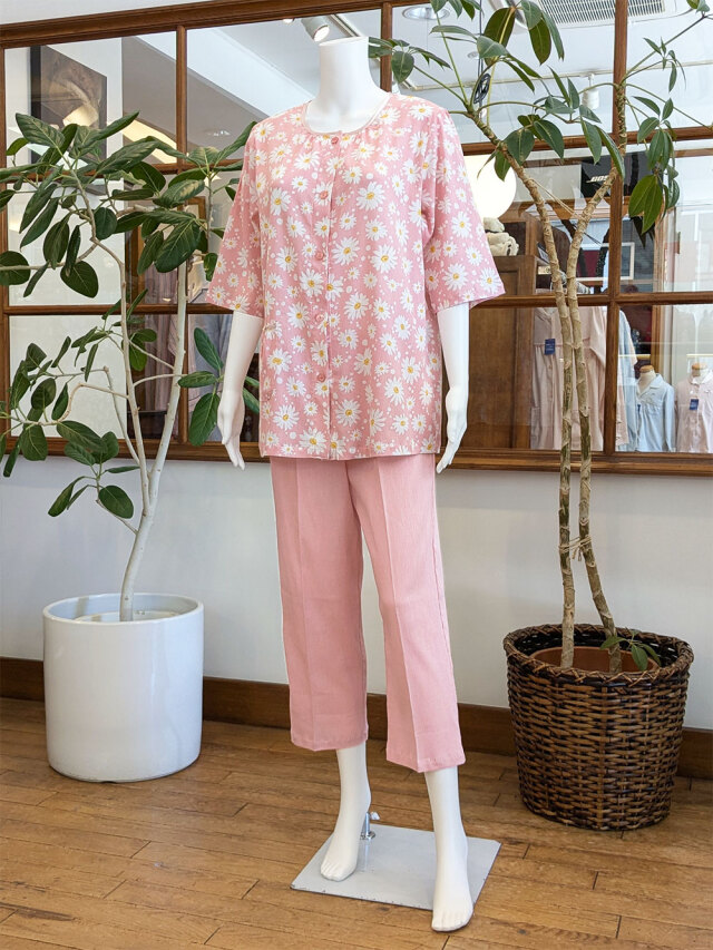 【Ladies】＜高島ちぢみ＞ストレッチ楊柳マーガレット柄×無地(七分袖）(LLあります)