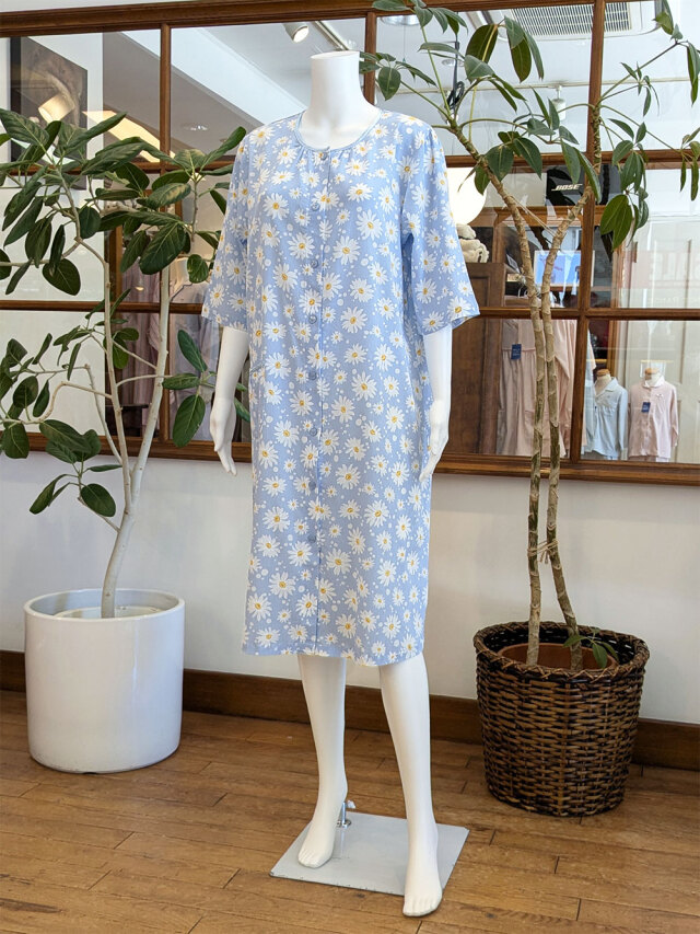 【Ladies】＜高島ちぢみ＞ストレッチ楊柳マーガレット柄ワンピース(七分袖)(LLあります)